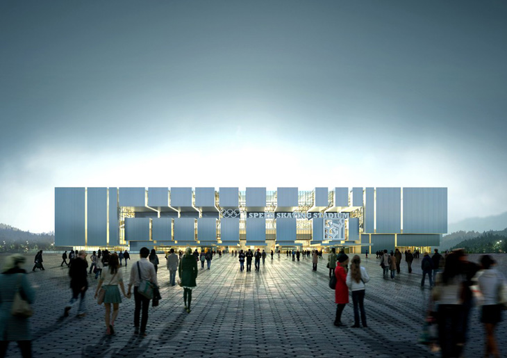 在江陵速滑體育場和體育中心是一家集設計由Samoo建筑師和工程師。在一個部分的中心是為了協調與自然，另一方面象征著冬季奧運會的精神。它坐落在江陵，韓國一個網站，就曾被用于垃圾處理，但現在長滿松樹豐富的一塊土地。設計背后的想法是利用自然，舞臺，廣場為&ldquo;三層&rdquo;生產布局，將溝通，協調與周圍的環境。